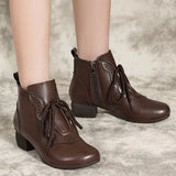 Retro Autumn Winter Shoes Women Boots Genuine PU Leather Zip Round Toe Handmade Concise Leisure Sewing Ankle Platform