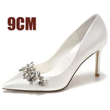 white Champagne Women Bridal Wedding Shoes Faux Silk Satin Rhinestone Crystal Shallow Pumps Stiletto High
