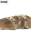 Fashion Print Cork Slipper 2023 New Summer Women Beach Double Buckle Slides