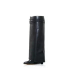 Lock Folded Woman Wedge Boots Black Leather Belt Height Increasing Knee High Boots Pointed Toe Winter Long Boots