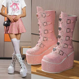 Women Sequin Boots Ladies Cosplay High Boots Comfort Long Tube Boots Pink Platform High Wedges Women Shoes Gothic
