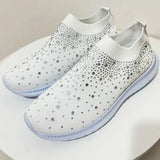 Shiny Crystal Knitted Sneakers Women 2023 Spring Breathable Mesh Flats Woman Plus Size Slip on Running Casual Shoes