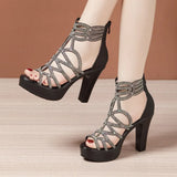 High-Heeled Diamond Roman Sandals Summer 2023 New Fashionable Thick Heels Fishmouth Sandals Large Size Open-Toed