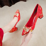 Wedding Shoes Thick Heel Red Rhinestone Buckle Bridal Shoes Party Dress Single Shoes Bridesmaid High Heels Women