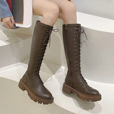 Autumn Winter Brown Knee High Boots Women Pu Leather Platform Long Boots Woman Lace Up Thick Heels High Tube