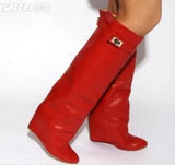 Lock Folded Woman Wedge Boots Black Leather Belt Height Increasing Knee High Boots Pointed Toe Winter Long Boots