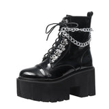 Patent Leather Gothic Black Boots Women Heel Sexy Chain Chunky Heel Platform Boots Female Punk Style Ankle Boots