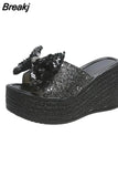 Plus Size 35-43 Slippers Women's Fashion Sequin Bow High Heel Sandals Sexy Platform Shoes Slippers