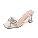 Slippers Women Wear 2024 New Square-Headed Crystal Thick Heels Transparent Sexy High-Heeled Shoes Temperamental