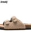 New Winter Plush Inside Women Slipper Casual Fashion Home Buckle Artificial Fur Slip on Soft Slides