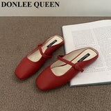 Brand Slippers Women Square Toe Slip On Mules Shoes Fashion Mary Janes Flats Heel Ladies Slides Female Spring Loafers