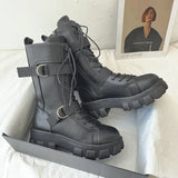 Chunky Platform Motorcycle Boots Women 2023 Autumn Winter PU Leather Mid Calf Boots Woman Thick Bottom Punk Botas