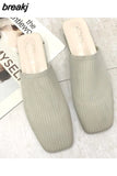 Women Mules Slippers Women Summer Flats Sandals Knit Fabric Stretch Slides Holiday Beach Shoes Square Heel Square Toe