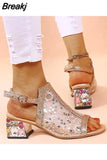 New Women Summer Fashion Mid Heels Peep Toe Shoes for Women Glitter Sandals Ladies Buckle Strap Bling Rhinestone