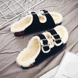 Unisex Plush Cork Slippers 2023 Women Casual Double Buckle Nubuck Leather Non-slip Men Outside Slides