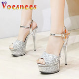 New 14.5CM High Heels Waterproof Platform Sequin Sandals Transparent Thick Bottom Crystal Shoes Women Wedding Party