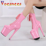 Women Zip Patent Leather 20CM Pole Dance Shoes Super High Heel Thick Platform Model Show Hentian Gao Nightclub Stage Short