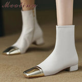 Women Genuine Leather Ankle Boots Square Toe Flat Ladies Zipper Mixed Colors Short Boot Autumn Winter Shoes Beige