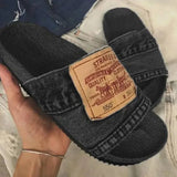 2023 Summer Outdoor Cowboy Ladies Sandal Beach Plain Colour Casual Flat-Heeled Fashion Jean Denim Letters Thick